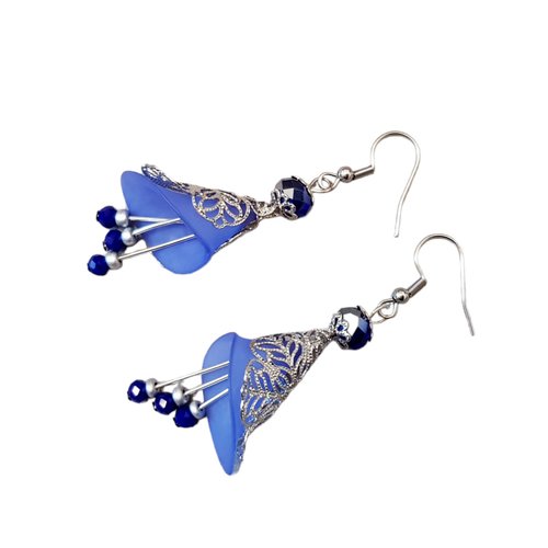 Boucle d'oreille coupelles en acrylique bleu, perles en verre, crochets en métal acier inoxydable argenté