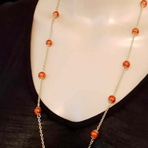 Sautoirs, collier perles en verre orange craquelé transparent, fermoir, chaîne en métal acier inoxydable doré