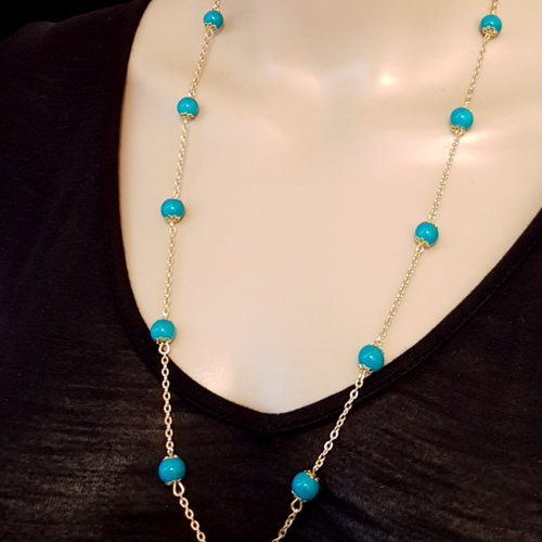 Sautoirs, collier perles en verre bleu paon, fermoir, chaîne en métal acier inoxydable doré