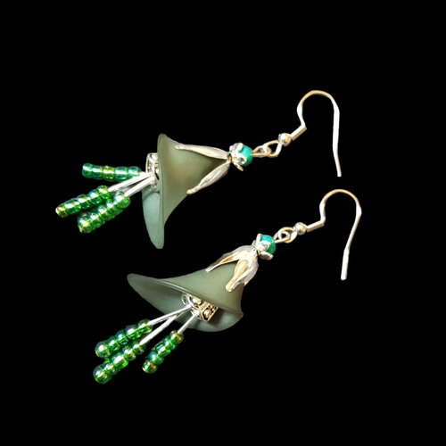 Boucle d'oreille coupelles en acrylique verte, perles en verre, crochets en métal acier inoxydable argenté