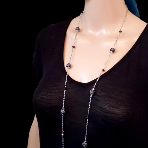 Sautoirs, collier perles en verre violet, fermoir, chaîne en métal acier inoxydable argenté