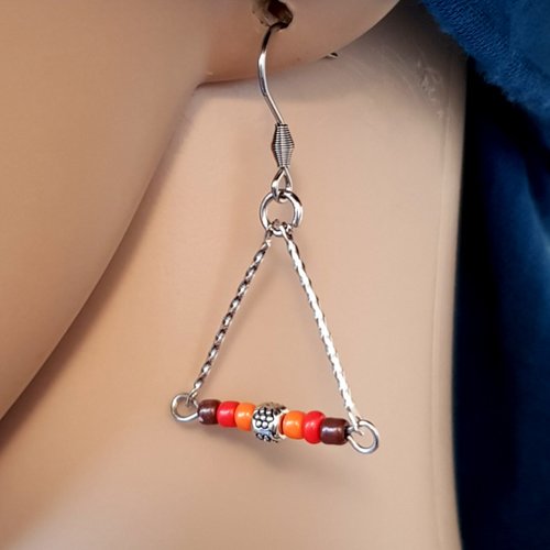 Boucle d'oreille perles rocaille en verre orange, rouge,marron, crochet en métal acier inoxydable argenté