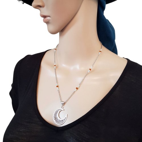 Collier demi lune ajouré, perles en verre, fermoir, chaîne en métal acier inoxydable argenté