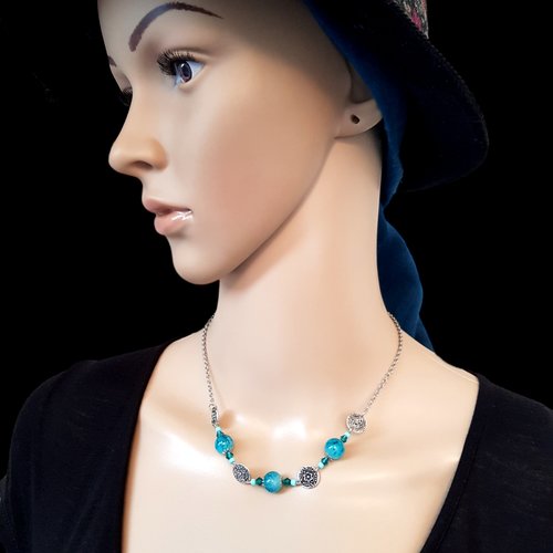 Collier, perles en verre bleu, connecteurs, fermoir, chaîne d’extension en métal acier inoxydable argenté