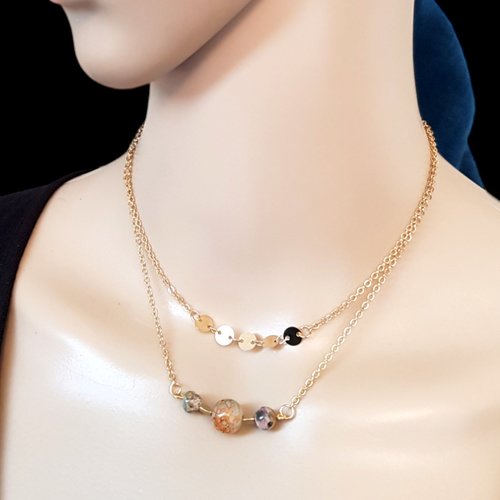 Collier double ras du cou féminin avec perles de jade et de jaspe