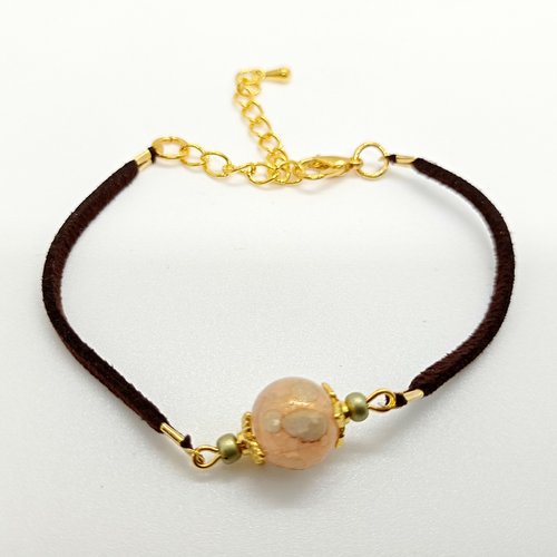 Bracelet féminin café avec perle en verre cordon et chaînette