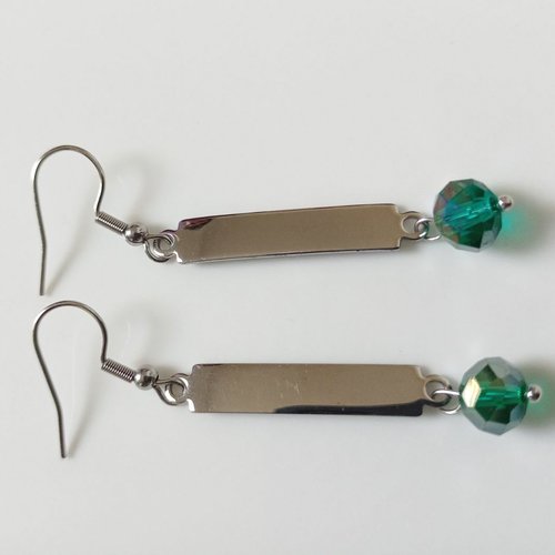 Paire de boucles d'oreilles géométrique perles en verre verte, métal acier inoxydable argenté