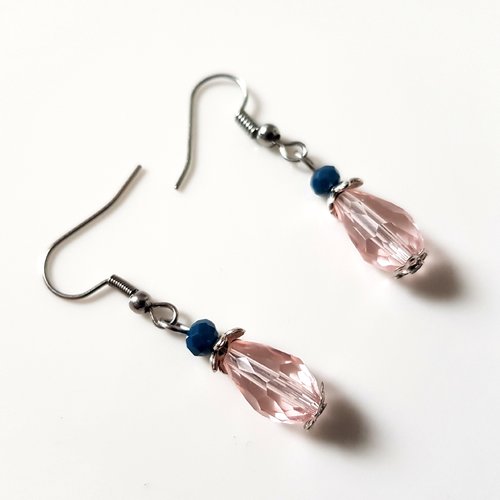 Boucle d'oreille perles en verre goutte rose, turquoise foncé, crochet en métal argenté