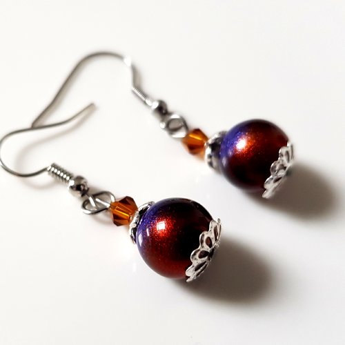 Boucle d'oreille perles en verre violet, orange foncé, crochet en métal argenté