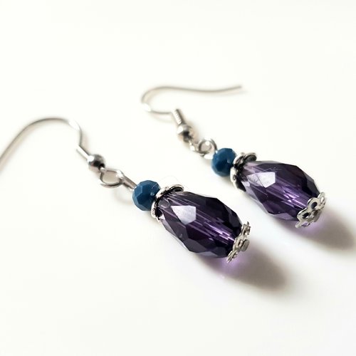 Boucle d'oreille perles en verre goutte violet, turquoise foncé, crochet en métal argenté