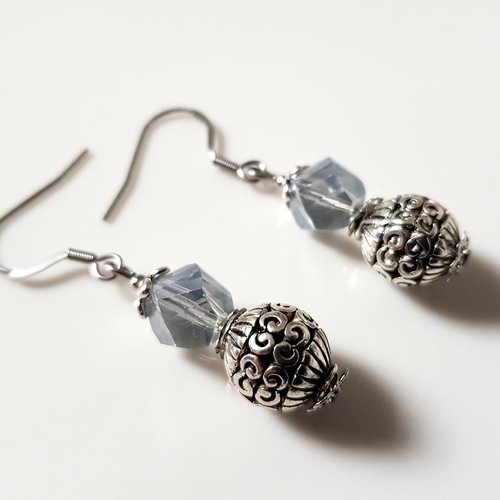 Boucle d'oreille perles en verre bleuté, crochets en métal acier inoxydable argenté
