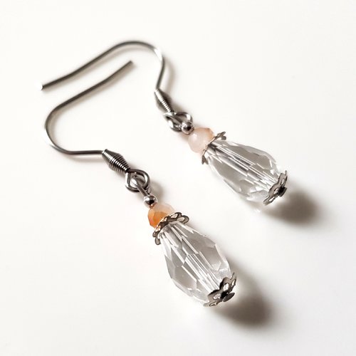 Boucle d'oreille perles en verre transparente, crochets en métal acier inoxydable argenté