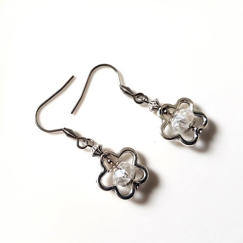 Boucle d'oreille perles en verre transparente, cadre fleurs, crochets en métal acier inoxydable argenté