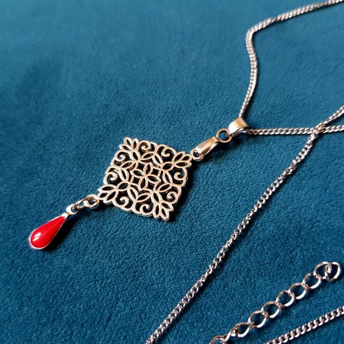 Collier mi long rosasse argenté chaîne en acier inoxydable, goutte émaillé rouge