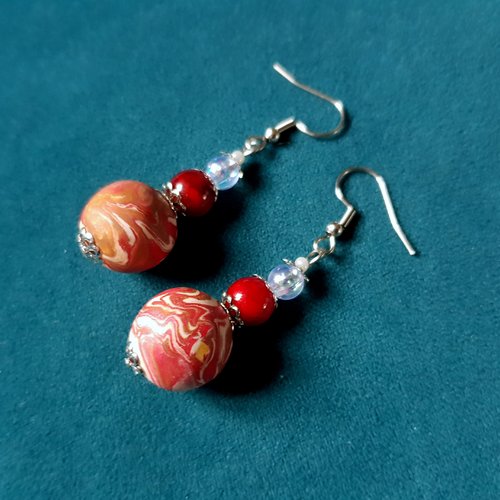 Boucle d'oreille perles en pâte fimo fleurs beige, rouge, marron, crochet métal acier inoxydable argenté