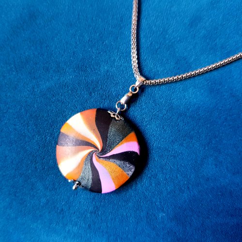 Collier rond bombé en pâte fimo, orange, beige, marron, beige, noir, lilas, fermoir, chaîne fantaisie, métal acier inoxydable argenté