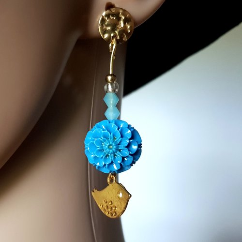 Boucle d'oreille oiseaux, fleurs bleu acrylique, perles en verre, crochets puces ronde en métal acier inoxydable doré