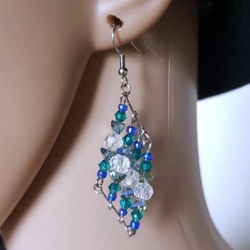 Boucle d'oreille perles en verre bleu, verte, transparente, tige et crochets en métal acier inoxydable argenté