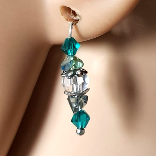 Boucle d'oreille perles en verre turquoise, transparent, coupelles, crochet en métal acier inoxydable argenté