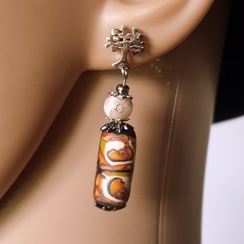 Boucle d'oreille perles verre, cylindre en pâte fimo carré beige, noir, orange, kaki, marron, crochet arbre métal acier inoxydable arg