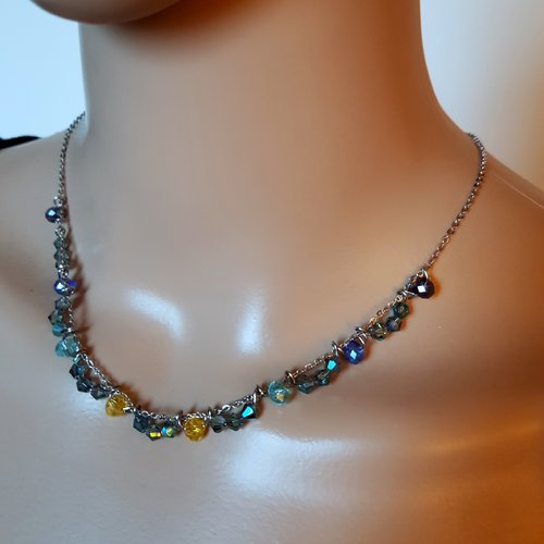 Collier perles multicolore fermoir, chaîne en métal acier inoxydable argenté