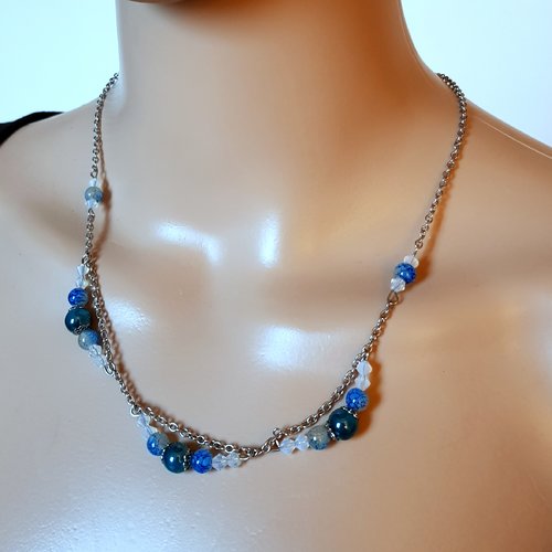 Collier perles  bleu, blanc, fermoir, chaîne en métal acier inoxydable argenté