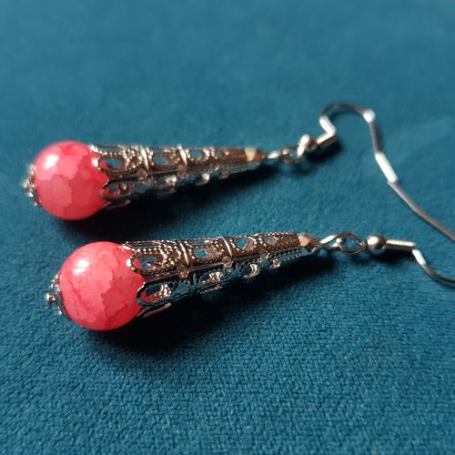 Boucle d'oreille perles verre rose, coupelles, crochet en métal acier inoxydable argenté