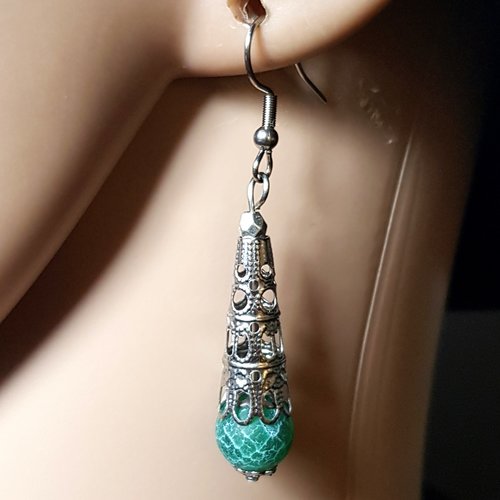 Boucle d'oreille perles verre verte marbré, coupelles, crochet en métal acier inoxydable argenté
