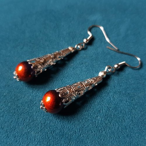 Boucle d'oreille perles verre orange, violet, coupelles, crochet en métal acier inoxydable argenté