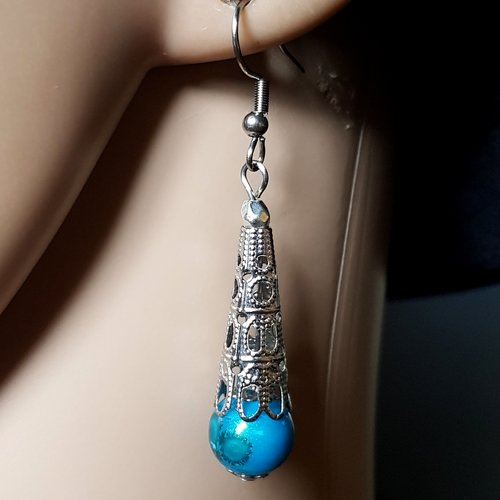 Boucle d'oreille perles verre bleu, coupelles, crochet en métal acier inoxydable argenté