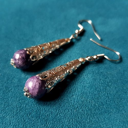 Boucle d'oreille perles verre violet, coupelles, crochet en métal acier inoxydable argenté