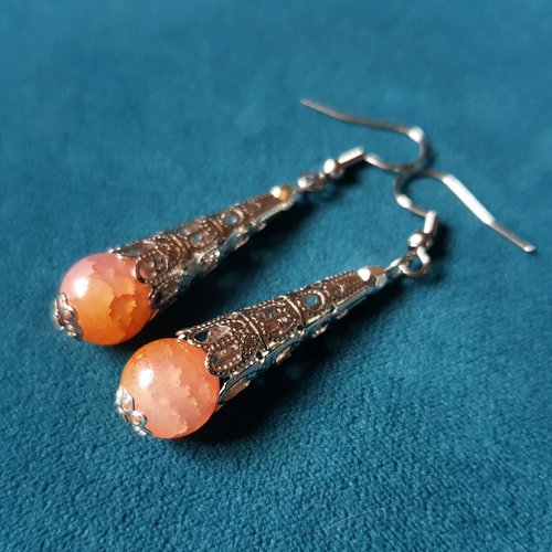 Boucle d'oreille perles verre orange et rose, coupelles, crochet en métal acier inoxydable argenté