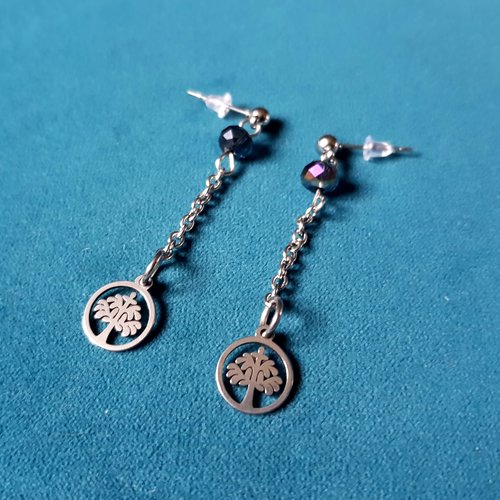 Boucle d'oreille arbre, chaîne inoxydable,  perles en verre, crochet puce en métal acier inoxydable argenté