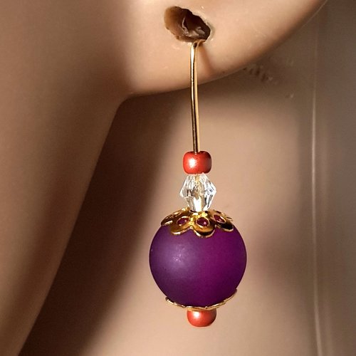 Boucle d'oreille perles en verre givré violet, coupelles, crochet en métal acier inoxydable doré