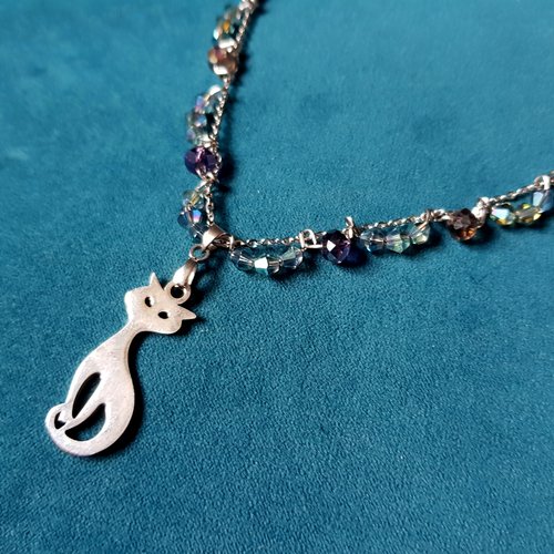 Collier chat et chaîne inoxydable, perles multicolore, fermoir, chaîne en métal acier inoxydable argenté