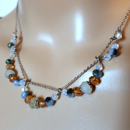 Collier perles orange, blanc reflets bleu, translucide, fermoir, chaîne en métal acier inoxydable argenté