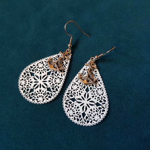 Boucle d'oreille ancre de bateau, goutte émaillé blanc, crochet en métal acier inoxydable argenté