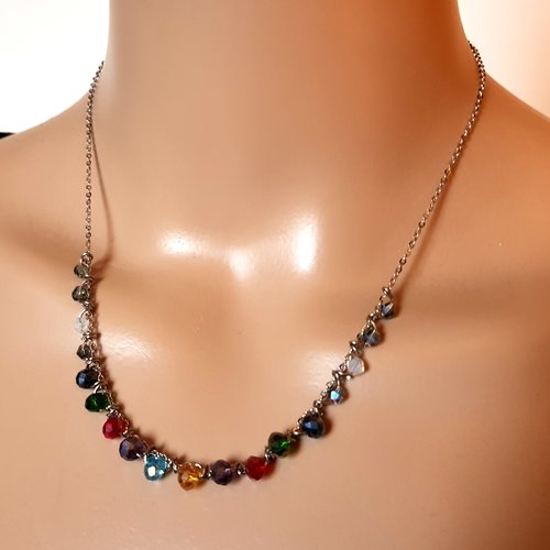 Collier perles multicolore fermoir, chaîne en métal acier inoxydable argenté