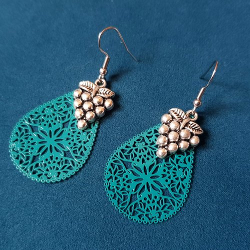 Boucle d'oreille arbre, goutte, ajourée léger émaillé turquoise, crochet en métal acier inoxydable argenté