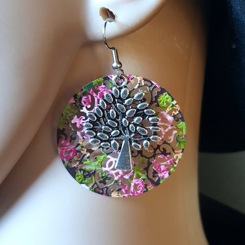 Boucle d'oreille arbre, rond ajourée léger émaillé multicolore, crochet en métal acier inoxydable argenté