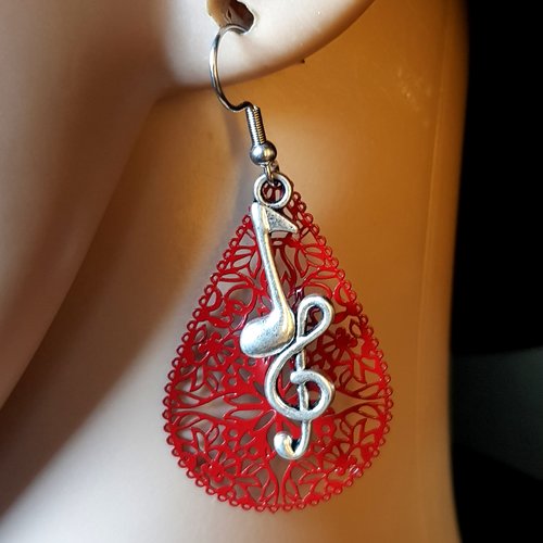 Boucle d'oreille note de musique, goutte émaillé rouge, crochet en métal acier inoxydable argenté