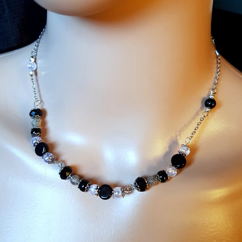 Collier perles noir, transparent, coupelles, fermoir, chaîne en métal acier inoxydable argenté