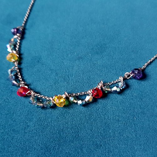 Collier perles multicolore fermoir, chaîne en métal acier inoxydable argenté