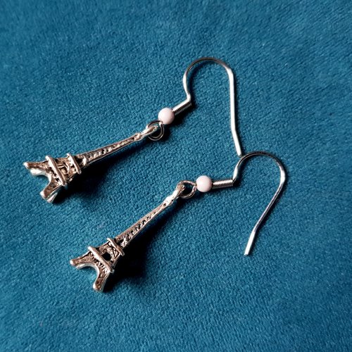 Boucle d'oreille tour elfe, perles gris clair, crochet en métal acier inoxydable argenté