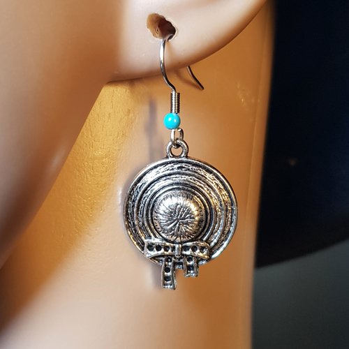 Boucle d'oreille chapeau, perles bleu, crochet en métal acier inoxydable argenté