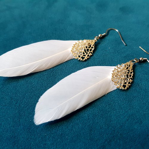 Boucle d'oreille plume blanche, goutte ajouré, crochet en métal acier inoxydable argenté