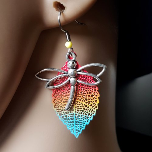 Boucle d'oreille libellule, goutte émaillé multicolore, crochet en métal acier inoxydable argenté