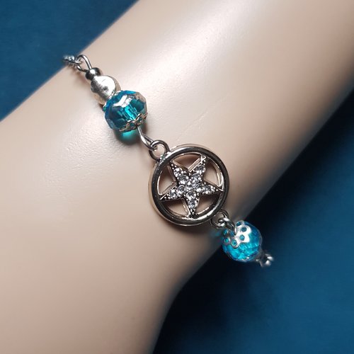 Bracelet perles en verre bleu, étoile strass, chaîne, fermoir en métal acier inoxydable argenté