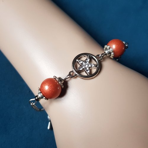 Bracelet perles en verre orange, étoile strass, chaîne, fermoir en métal acier inoxydable argenté