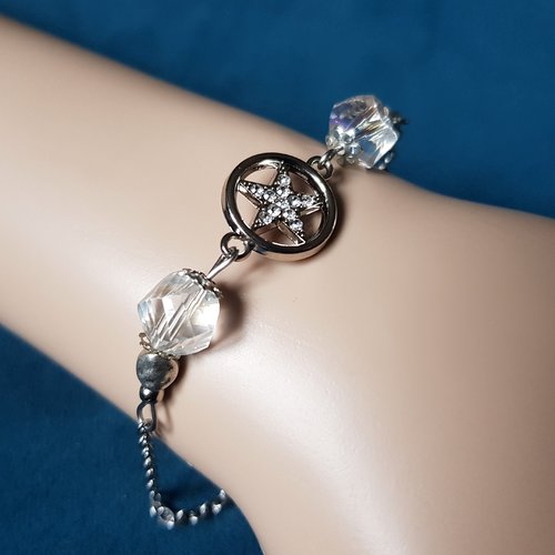 Bracelet perles en verre transparent, étoile strass, chaîne, fermoir en métal acier inoxydable argenté
